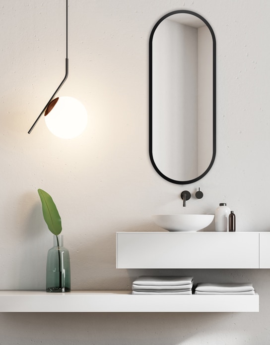 Bathroom interior with white walls, a double sink standing on white countertops and two vertical mirrors hanging above it. 3d rendering