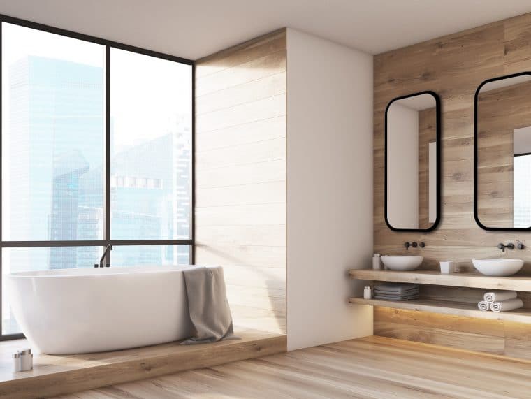 Wooden bathroom interior with a white tub, double sinks and mirrors and a tree in a pot. Side view. 3d rendering mock up